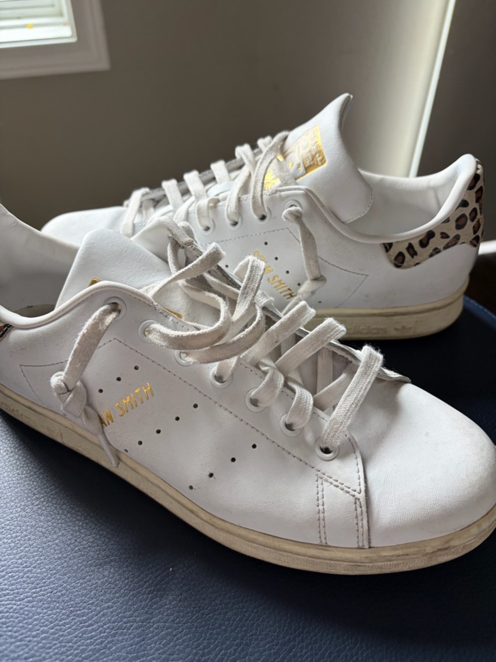 Adidas Stan Smith White Leather Sneakers with Leopard Heel